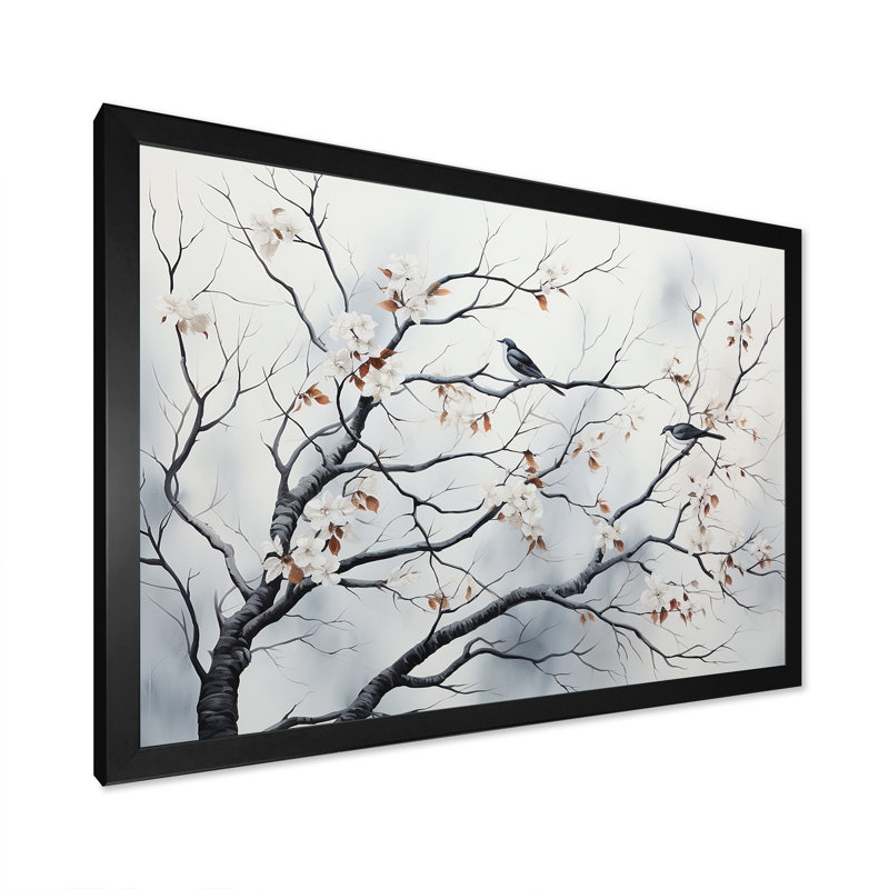 Gris floral Sprintime, oiseaux, art mural, H 12 po x l 20 po x P 1 po, Cadre d'angle fermé noir