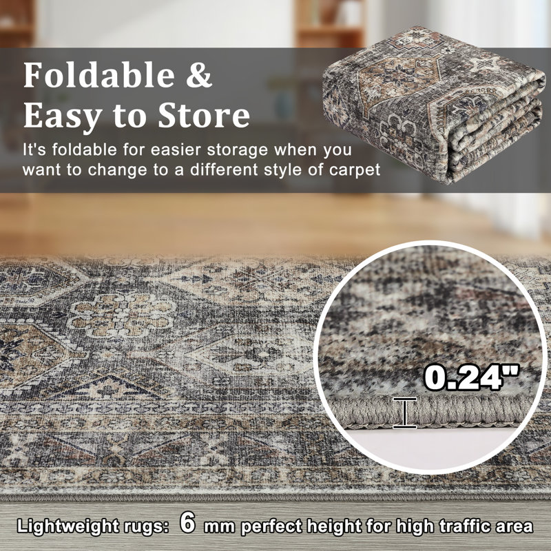 Machine  Washable Vintage Rug Non Slip Non Shedding Low Pile Rug Soft Floral Distressed Throw Floor Cover Foldable Indoor Carpet for Living Room Dining Room Bedroom Playroom Nursery