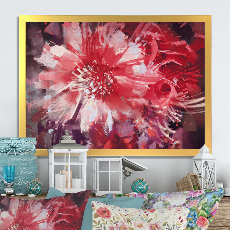 " Abstract Vivid Red Flower Bouquet ", 8" H x 12" W x 1" D, Gold Closed Corner Framed