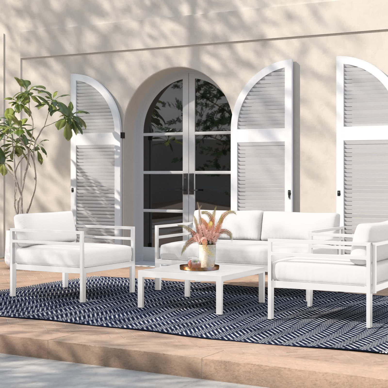 Nixon 4-Person Patio Seating Group, White Frame/White Cushion
