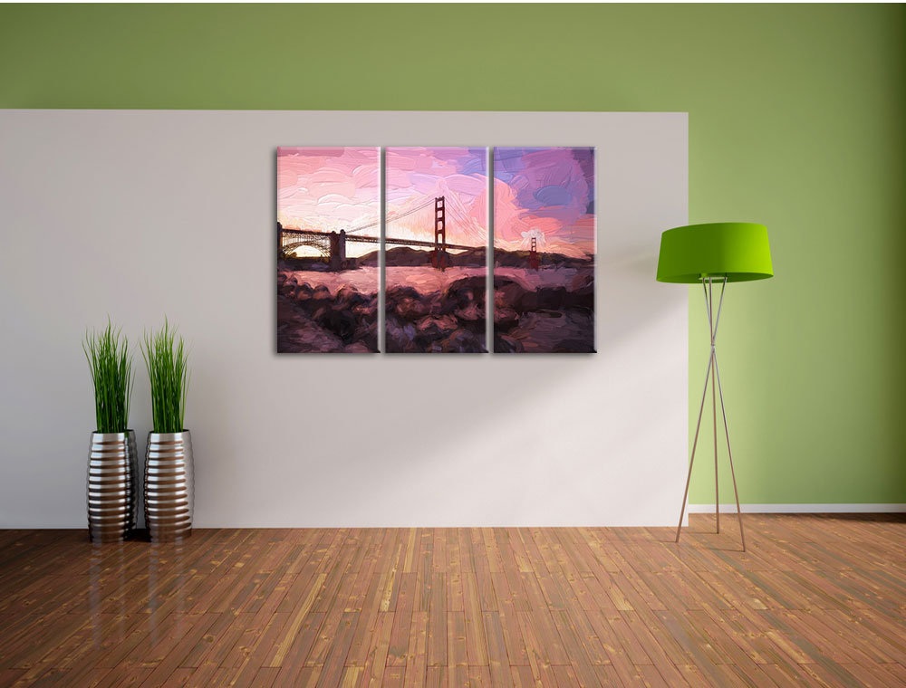 3-tlg. Leinwandbilder-Set „Golden Gate Bridge im Sonnenuntergang“, Grafikdruck