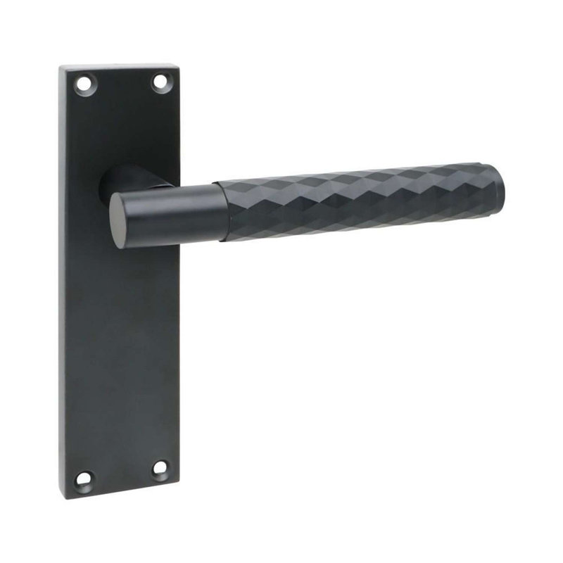 Golden Grace 6 Pairs Victorian Knurled Diamond Cut Door Handle on Backplate Matt Black with 2.5" Latch & Hinges - 150mm x 40mm