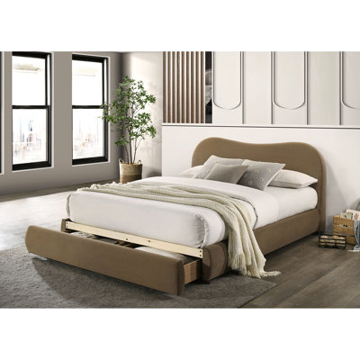 Grand lit avec design incurvé, revêtement en velours brun, style contemporain, rangement, cadre de lit en bois massif et bois d'ingénierie