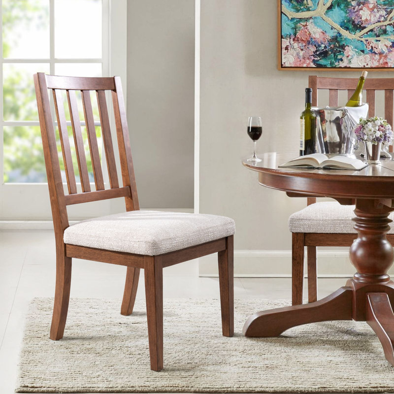 Slat Back Upholstered Dining Chair with Wooden Frame in Light Brown Finish
