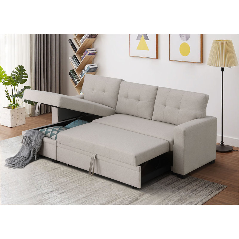3-Piece Pull-Out Sofa Bed With Reversible Storage Chaise, Beige