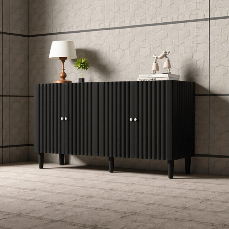 Élégant buffet à 4 portes avec portes à motif ondulé, pieds cylindriques, tablettes réglables - noir, panneau de fibres à densité moyenne de conception américaine