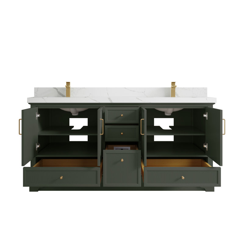 Meuble-lavabo double autoportant 72 po avec plateau en quartz Alys (option poignées)