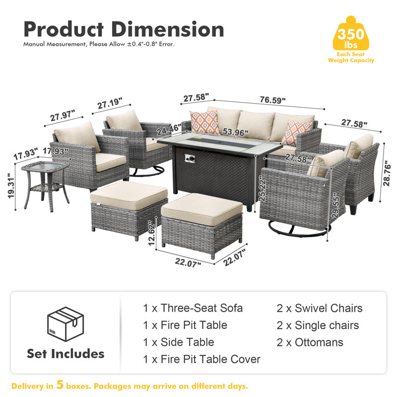 9 - Person Outdoor Wicker Patio Conversation Furniture Set With Fire Pit Table, Beige