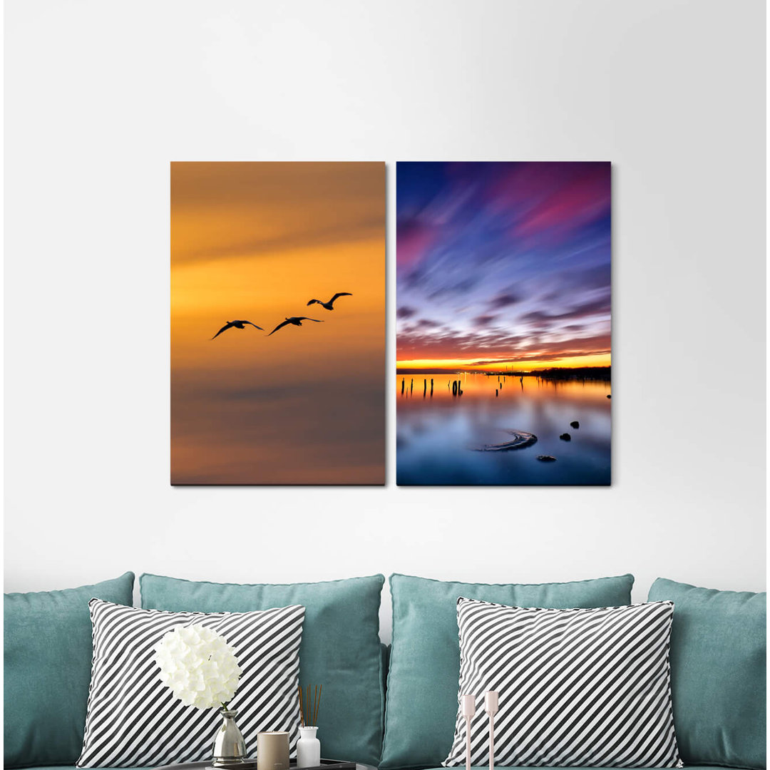 2-tlg. Leinwandbilder-Set - Fotografie „Duck Flight Lake Sky Above Clouds Flying Sunset”