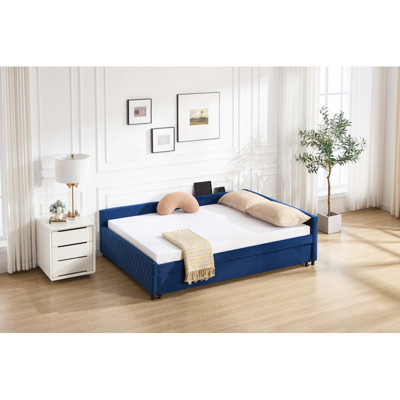 Lit de jour rembourré avec lit gigogne, structure de lit en bois robuste, conception en grille de diamant, pour chambre à coucher, chambre d'amis