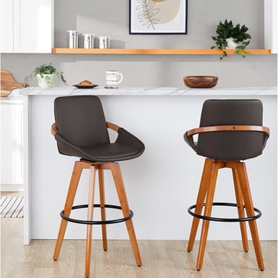 Pivote à hauteur fixe en similicuir noyer et brun avec repose-pieds rond en métal noir, style Mid-Century moderne, pivotant à 360 degrés, courbé, du siège au sol de 29 po, profondeur de 17 po, largeur intérieure de 14 po, pour l'intérieur