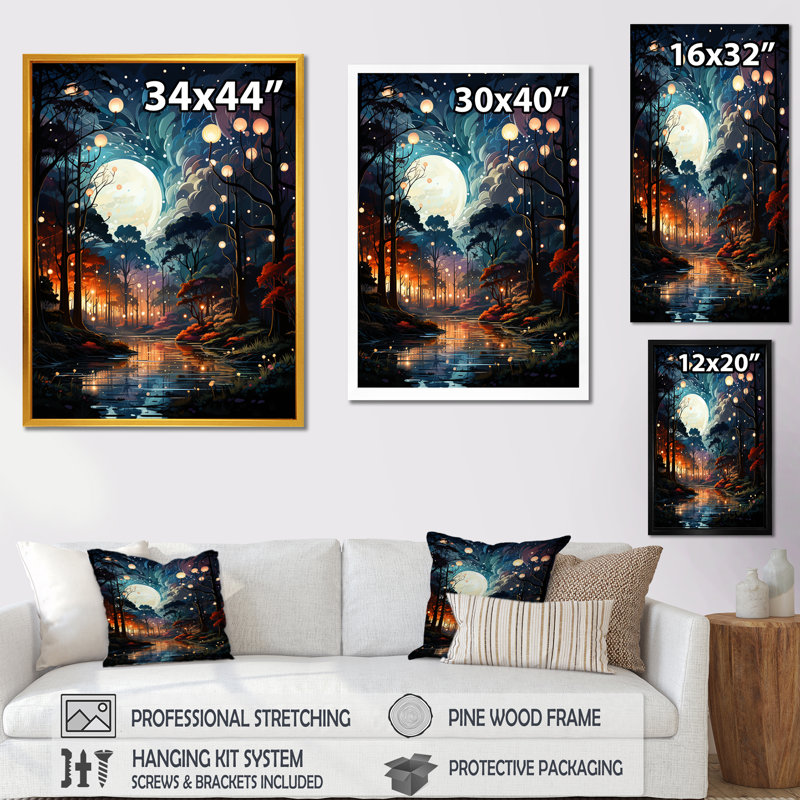 «Moonlight River Into The Forest II», art mural forêt et rivière, Cadre flottant doré, H 40 po x l 30 po x P 1,5 po