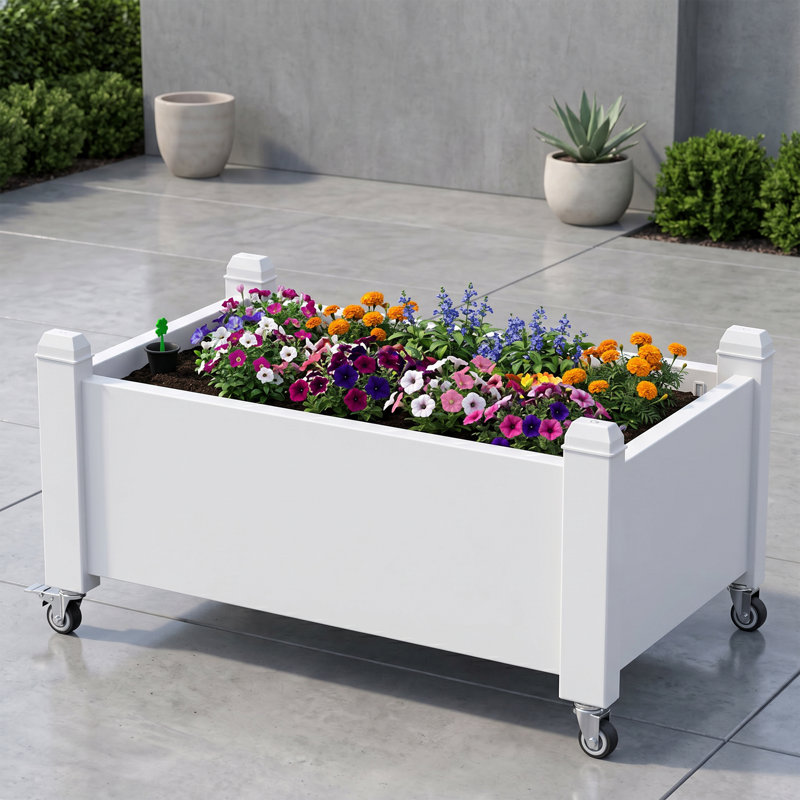Boîte à fleurs d'extérieur avec bouchon de vidange et roues