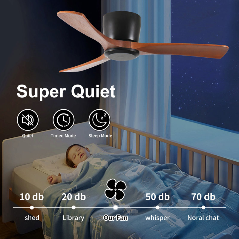 42 Inch Ceiling Fan No Light With Remote Control, Low Profile Flush Mount Ceiling Fan Without Light,Noiseless Reversible Dc Motor With Timer