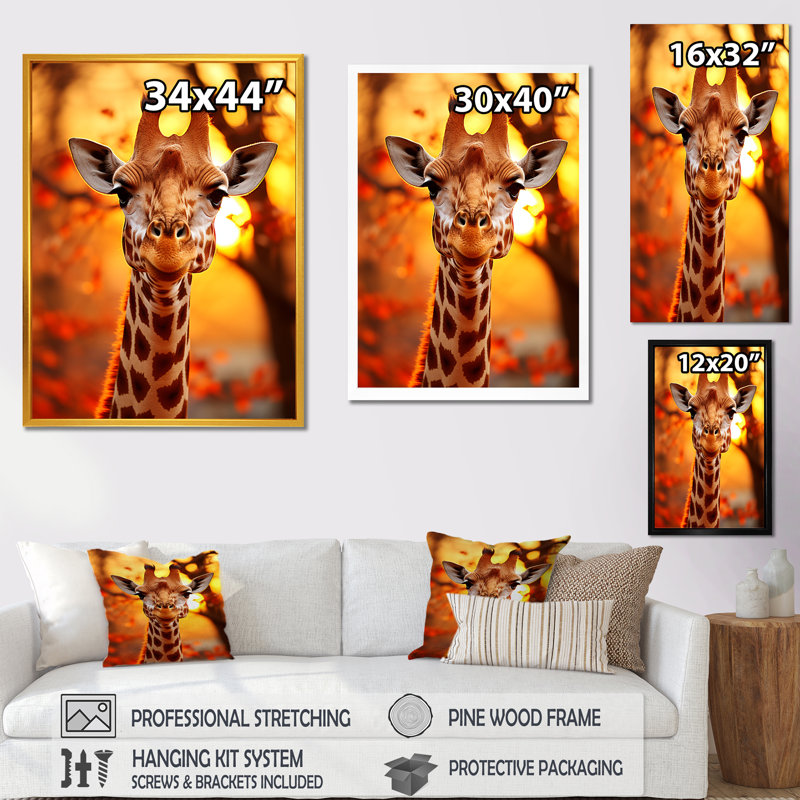 Portrait de girafe majestueuse - Art mural animal girafe, H 44 po x l 34 po x P 1,5 po, Cadre photo noir