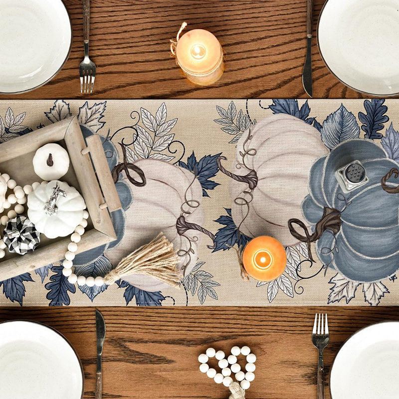 Blue Porcelain Pumpkin Ink 210 GSM Fall Table Runner, Seasonal Autumn Kitchen Dining Table Decoration For Home Party Decor 13X108 Inch