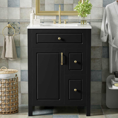 Meuble-lavabo de 24 pouces avec lavabo en céramique, 1 porte à fermeture douce et 2 tiroirs à fermeture douce