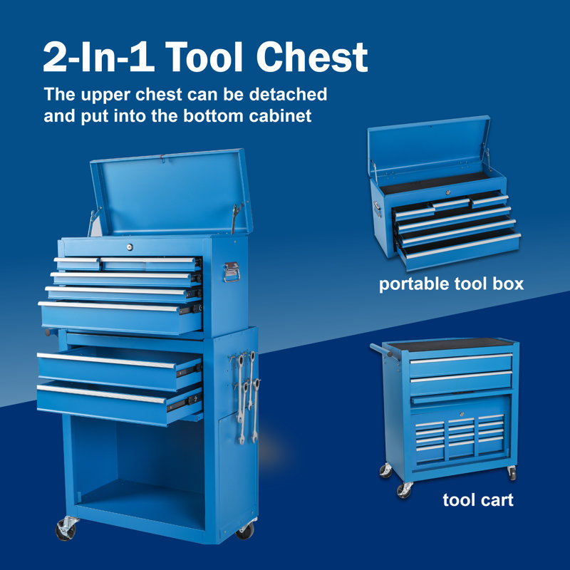 Coffre à outils, armoire de rangement à outils à 8 tiroirs avec coffre à outils amovible 2 en 1, doublure, roues verrouillables, crochets latéraux, chariot à outils en métal pour le garage