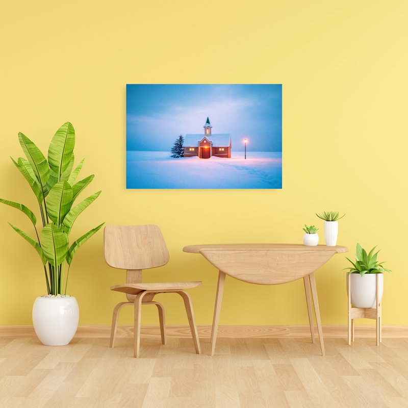 Cozy Winter Church, Peaceful Serene Tranquil Landscape Tree, reproduction d'art murale, 24" H x 36" W