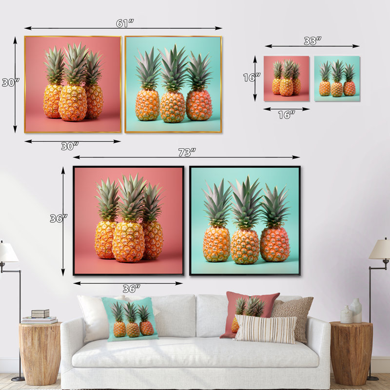 Ananas en saveur pastel - Ensemble de 2 ananas carrés, H 16 po x l 33 po, Cadre flottant blanc