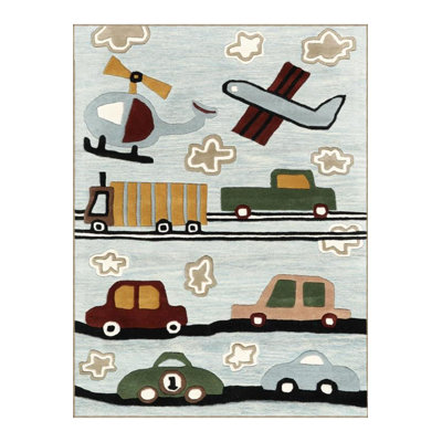 Car Truck Helicopter Airplane Patterned Woven Base Modern Decorative Washable Rug