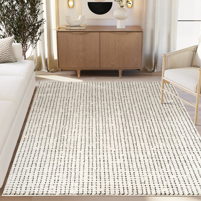 Abani Oliver OLV120B Modern Cream Black Textured Crosshatch Minimalist Area Rug, 6' x 9'