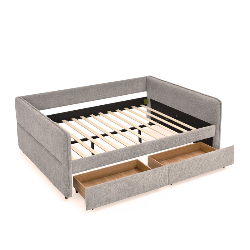 Canapé-lit capitonné avec deux tiroirs, grand lit de jour, tissu Boucle, gris (88 po x 65,5 po x 29,5 po)