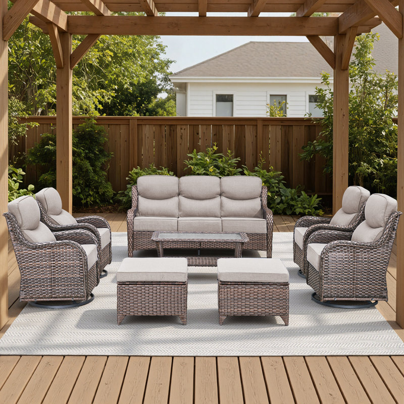 7-9 Person Outdoor Wicker Patio Conversation Set With Swivel Chairs And Coffee Table, Brown, Beige