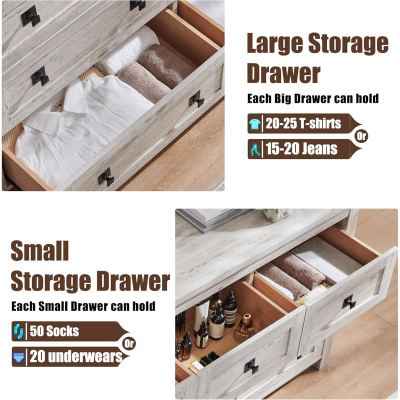 Addeline 54"W Farmhouse 7 - Drawers Dresser Organizer, Wood Rustic Wide Chest of Drawers, Antique Brush White