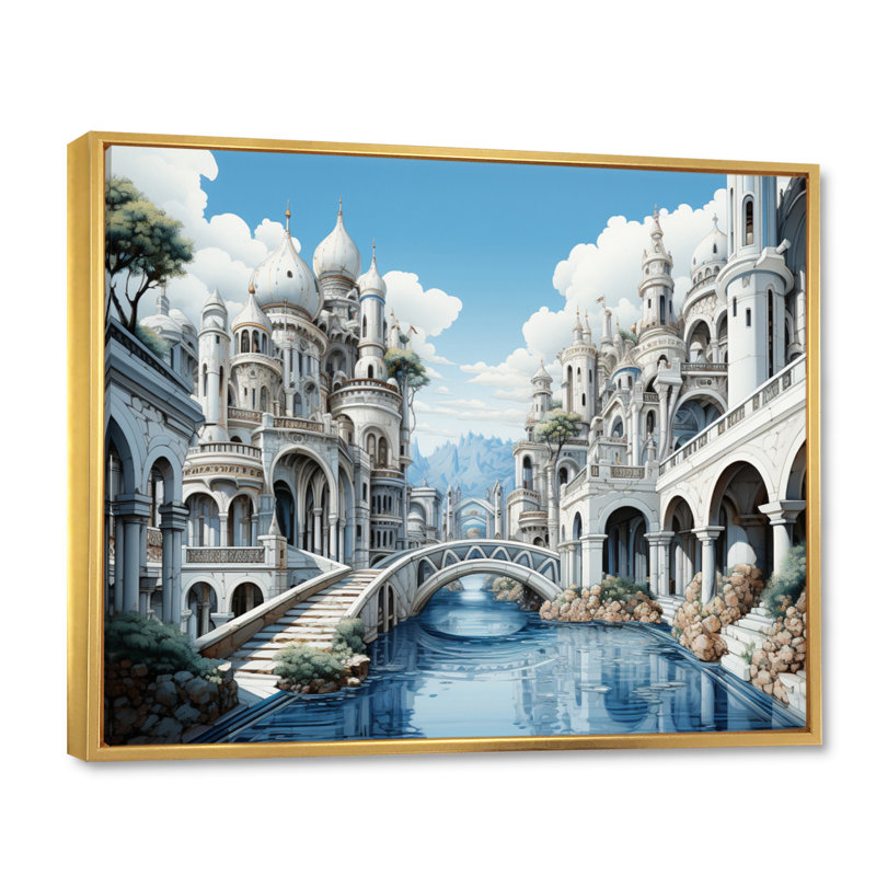 «White Blue Line Art Futuristic Architecture» sur toile, 34" H x 44" W, Cadre flottant doré
