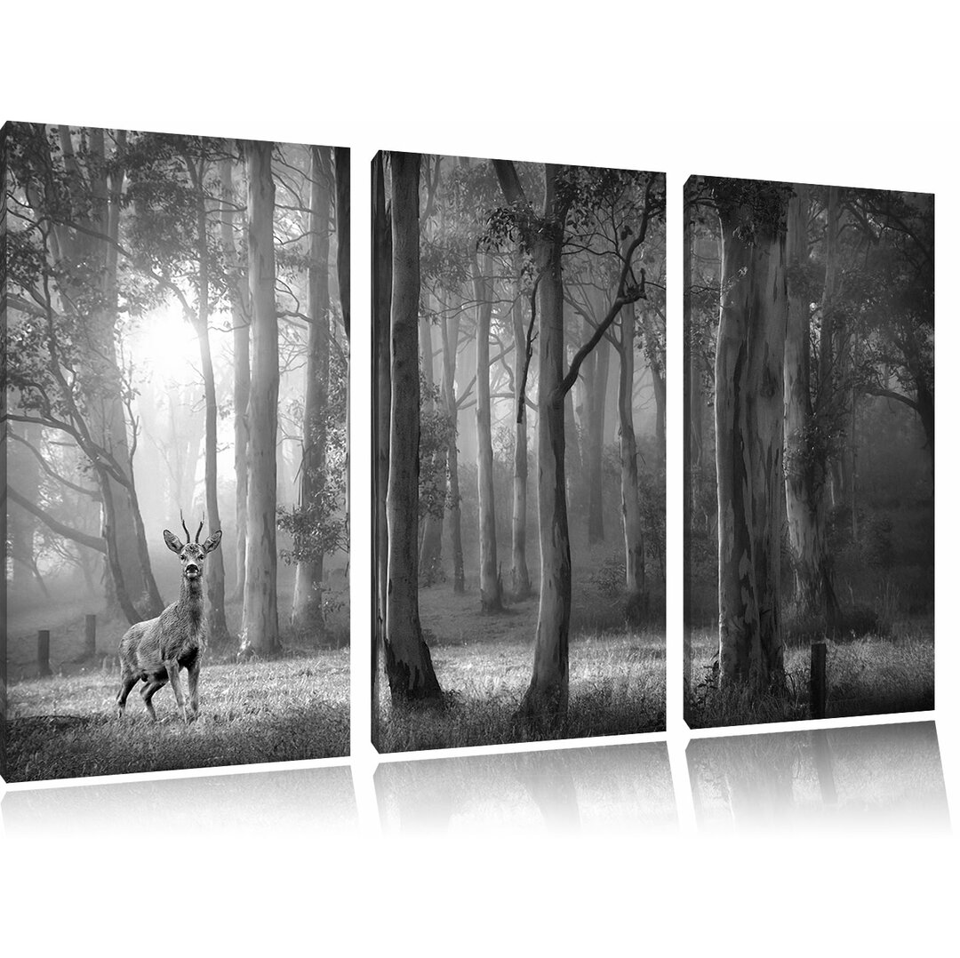 3-tlg. Leinwandbilder-Set „Einsamer Hirsch im tiefen Wald“, Grafikdruck