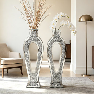 Ensemble de 2 vases de sol en cristal argenté ajouré et miroir de 76 cm (30 pouces), de style moderne et ultra-moderne.