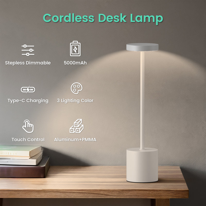 5000mAh Rechargeable Cordless Desk Lamp 13 In. Table Lamp 3 Colors 2-Pack Battery Operated Bedside Lamp, White-UPG