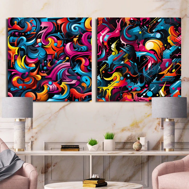 Popart Neon Graffiti Fusion III - ensemble de 2 collages de formes abstraites carrées, Toile tendue, H 36 po x l 73 po