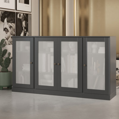 Buffet 100% bois massif 65 po avec portes en verre givré et tablettes réglables