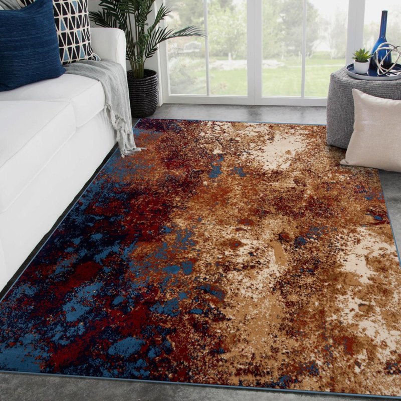 Colborne Abstract Blue/Ivory Area Rug, Rectangle 6' x 9'