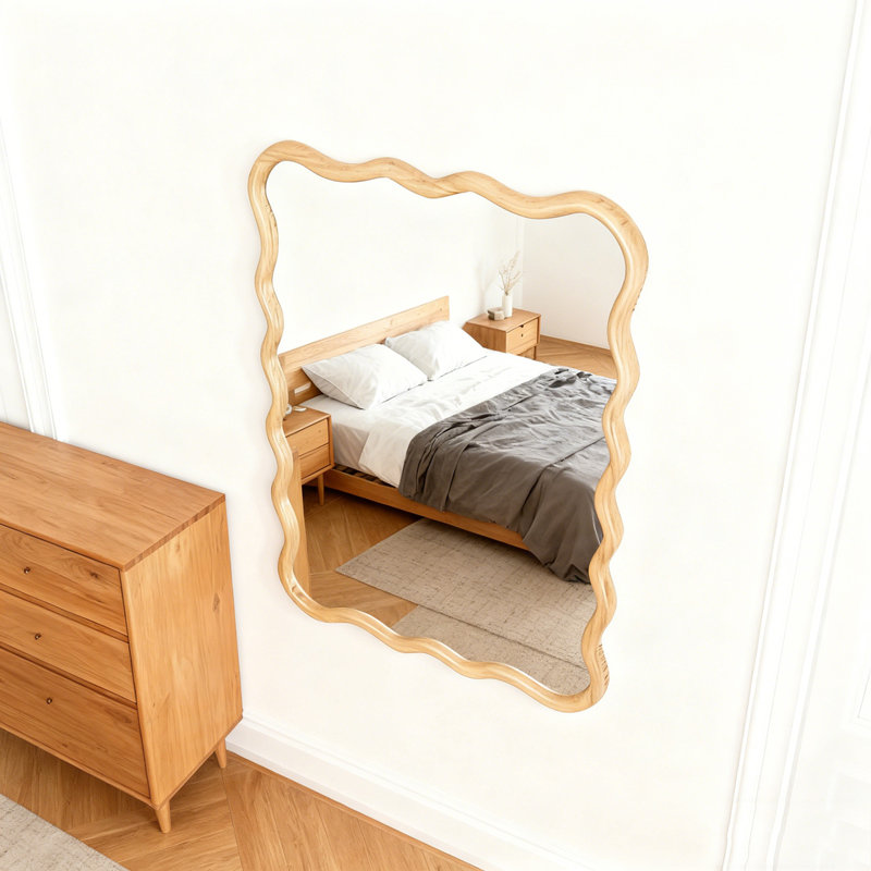 40" x 28"Solid Wood Wavy Rectangle Mirror, 39.76" x 27.95", Natural Wood, Rectangle