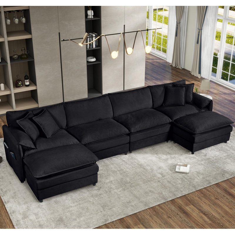 Modular Sectional Sofa, Oversized Deep Seat U Shaped Couch Set For Living Room, 4-Seater Comfy Cloud Couches With 2 Movable Ottomans, DIY Combination, Chenille,Black