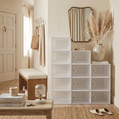 12-15 PCS Transparent Plastic Foldable Shoe Boxes with Lids for Closet and Apartment Entrance