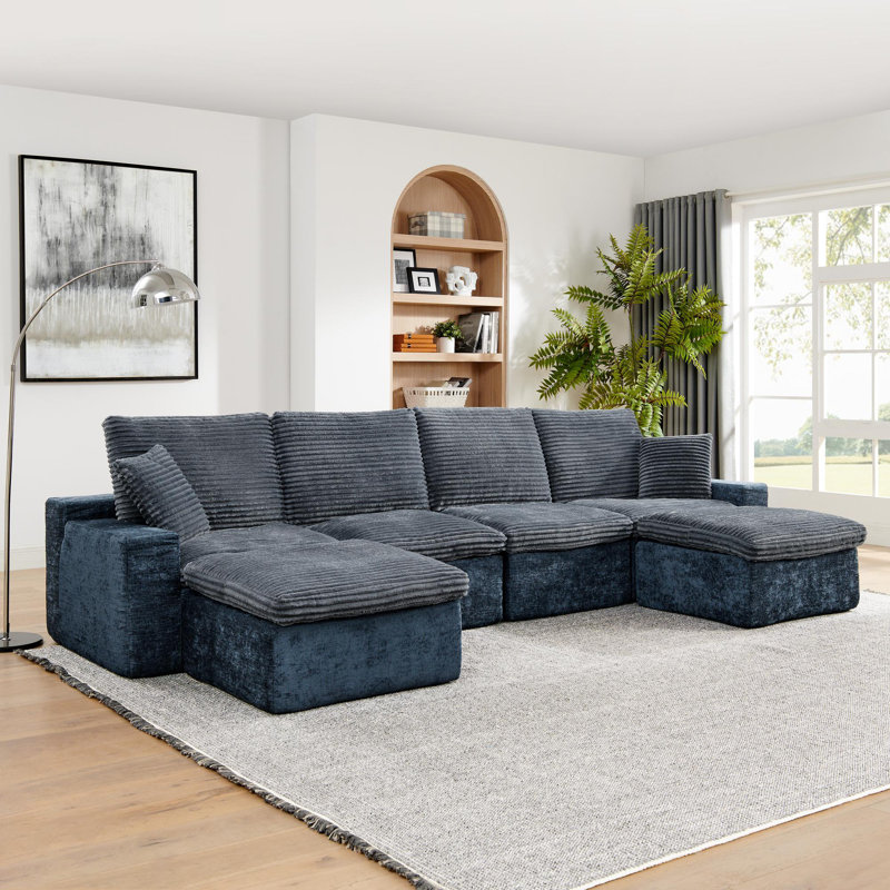 Canapé modulaire rembourré 6 pièces Rivulet, Velours côtelé gris