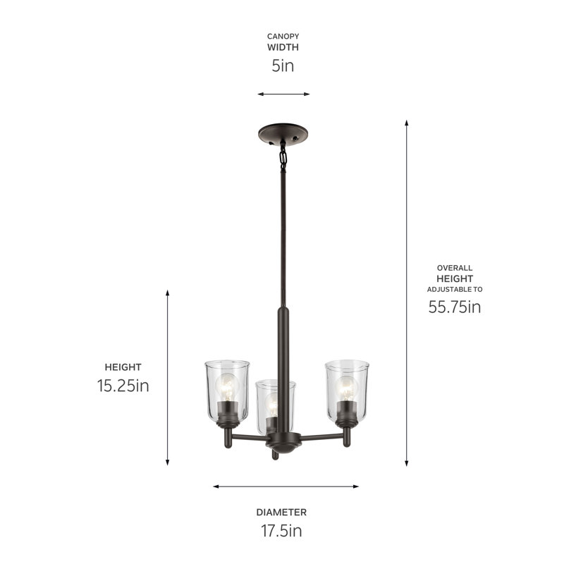 Mini-lustre 3 lumières 15,25 "avec verre transparent, Bronze