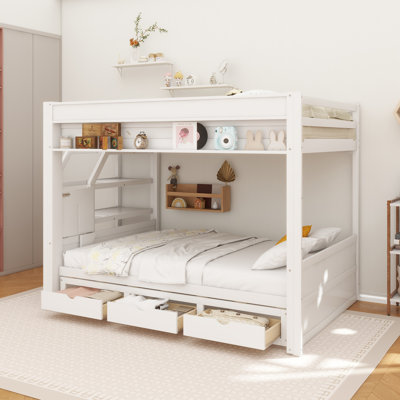Lit superposé convertible en bois pleine grandeur avec escalier de rangement, table de chevet et 3 tiroirs, blanc