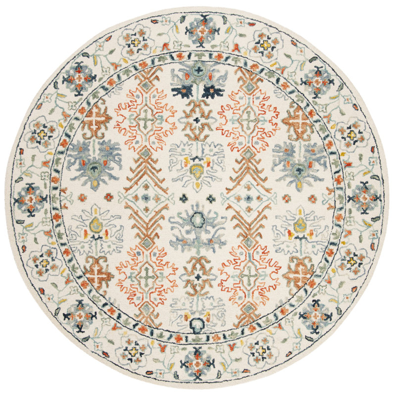Vahakn Hand Tufted Wool/Cotton Oriental Rug in Orange/Ivory/Blue, Round 9'
