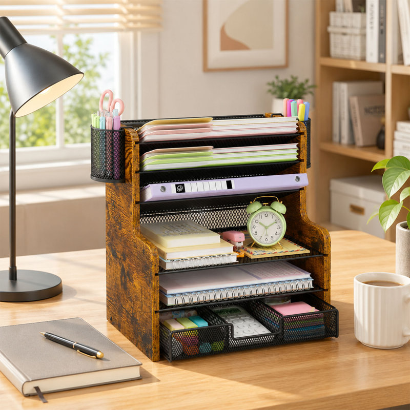 Organisateur de bureau en filet à 6 niveaux avec tiroir et rangement de bureau en bois