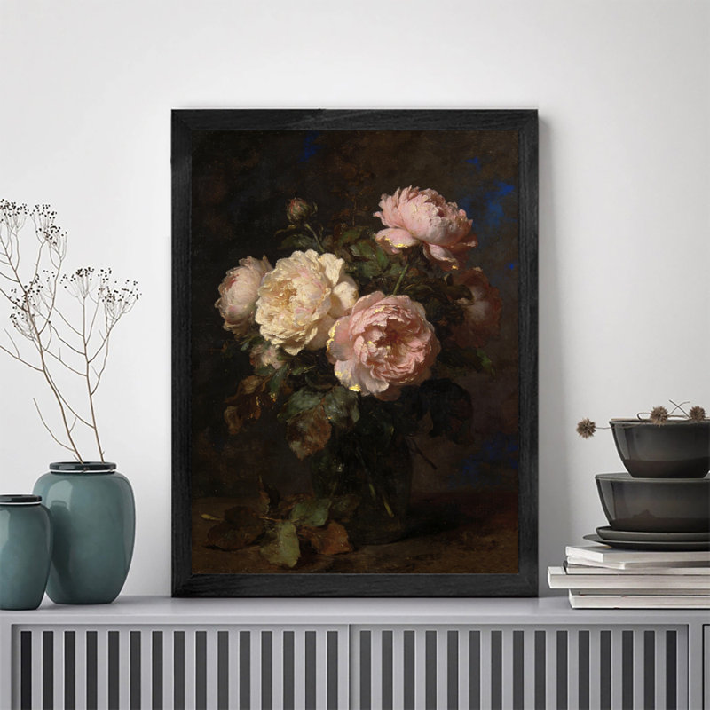 Reproduction d'art encadrée noire avec pivoines rétro, H 37 po x l 25 po