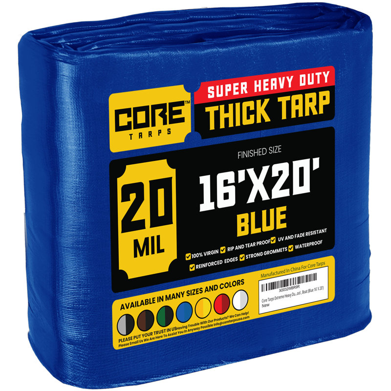 20 Mil Heavy Duty Polyethylene Tarp, Waterproof, UV Resistant, Blue, 16 ft. x 20 ft.