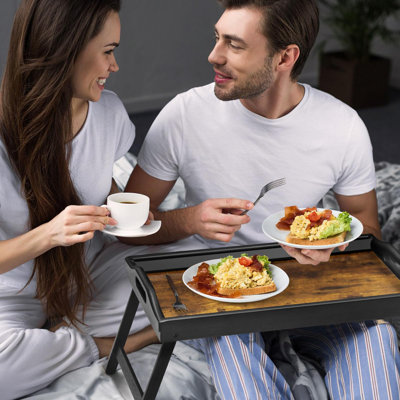 Bamboo Bedside Tray Table With Folding Legs And Handles, Breakfast Tray, Tray With Grooves For Phone Tablet, Tray For Dining, Working, Reading, Picnic