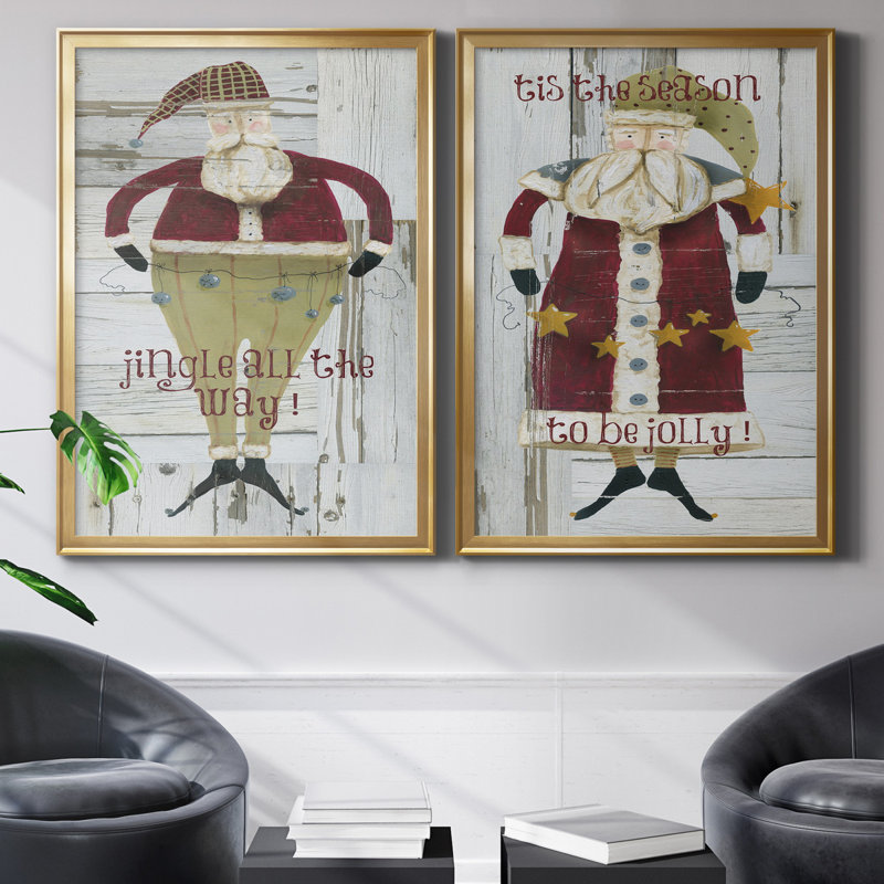 Jingle Santa - ensemble de 2 reproductions, H 22,5 po x l 61 po x P 1,5 po, Toile encadrée dorée, Pas de tapis