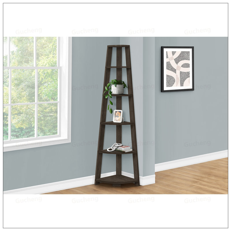 Contemporary Corner 5-Tier Etagere Bookcase, Perfect For Maximizing Space In Bedrooms And Offices With Stylish Brown Laminate Finish