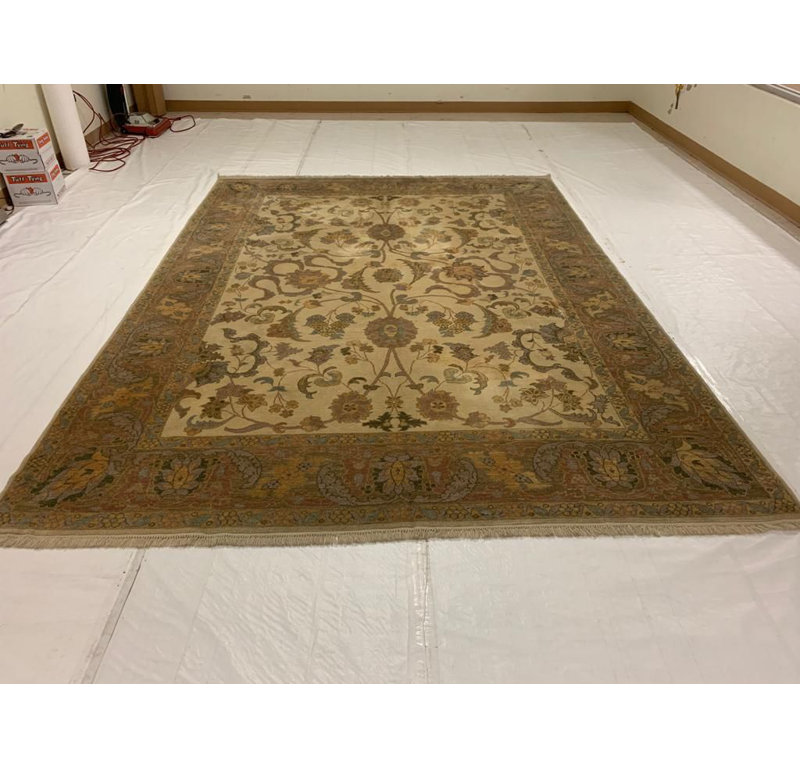 Tapis rectangulaire unique en laine / coton noué à la main de conception unique 5 pi 1 po x 11 pi 2 po beige / vert clair